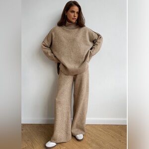 Commense Plain Turtleneck Knit Pants Set